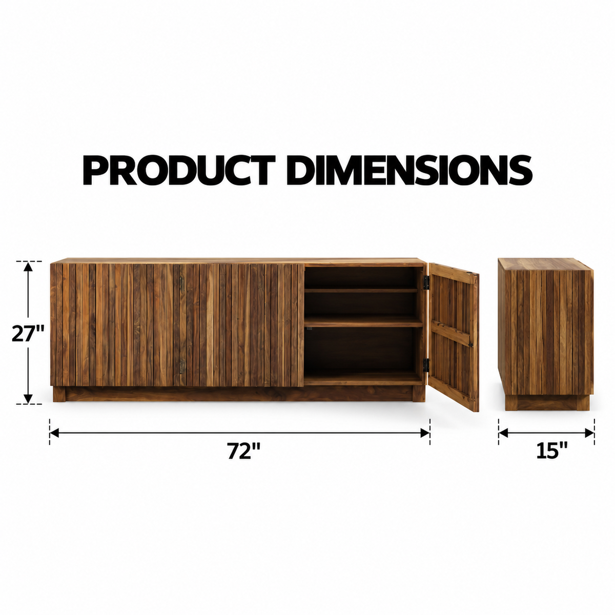 Solid Teak Wood Sideboard Cabinet with Slatted Front, Closed Storage, Inner Shelves and Natural Wood Finish for Living & Dining Room