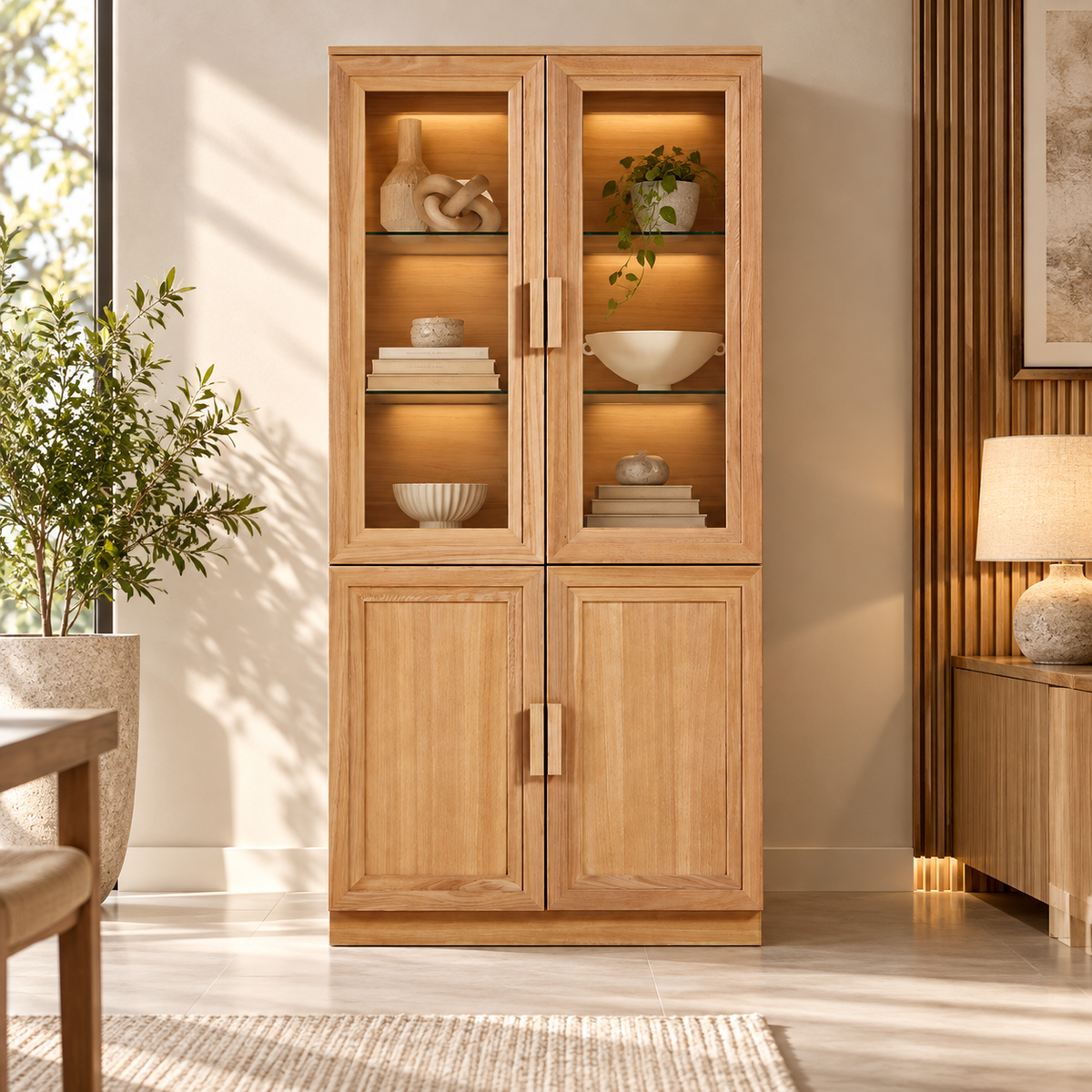 Solid Teak Wood Crockery Cabinet with 2 Glass Doors, 2 Closed Doors, Display Shelves and Natural Wood Finish for Dining Room