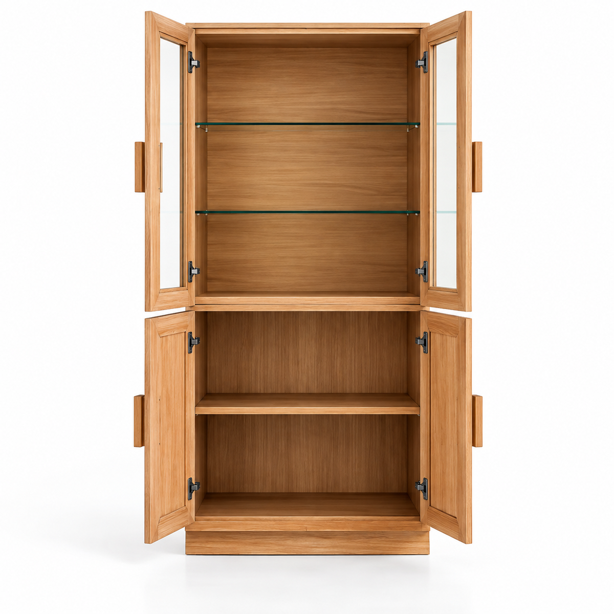Solid Teak Wood Crockery Cabinet with 2 Glass Doors, 2 Closed Doors, Display Shelves and Natural Wood Finish for Dining Room