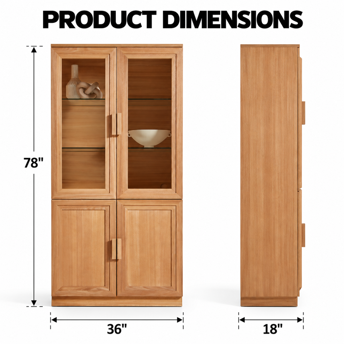 Solid Teak Wood Crockery Cabinet with 2 Glass Doors, 2 Closed Doors, Display Shelves and Natural Wood Finish for Dining Room