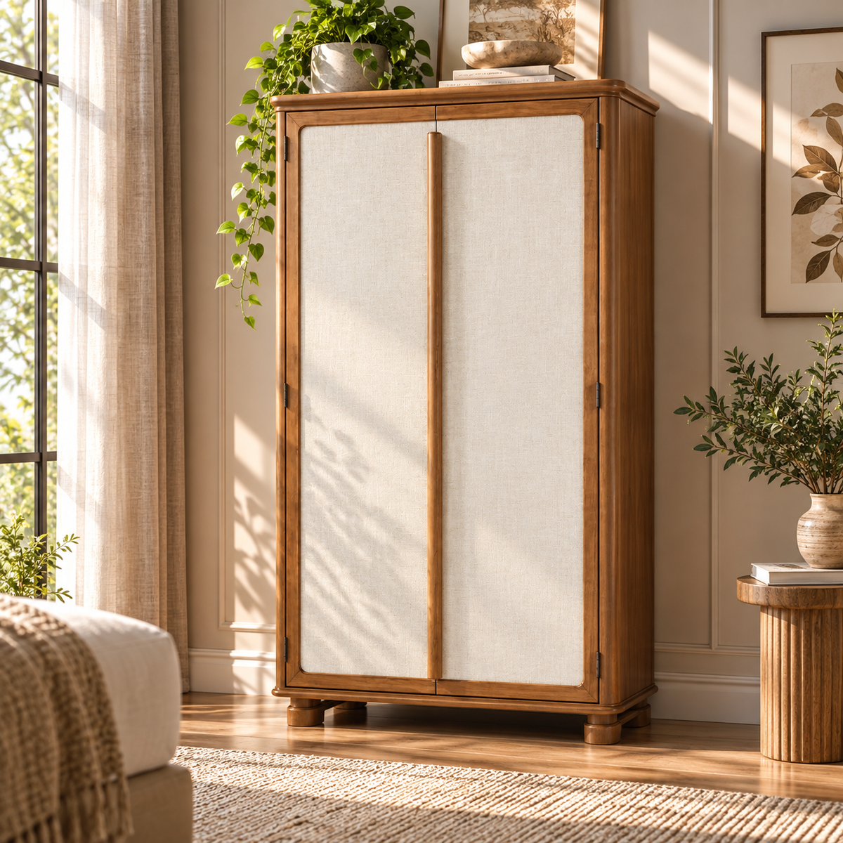 Solid Teak Wood Tall Storage Cabinet with 2 Fabric Panel Doors, Wooden Handles and Raised Legs for Bedroom, Living & Dining Room