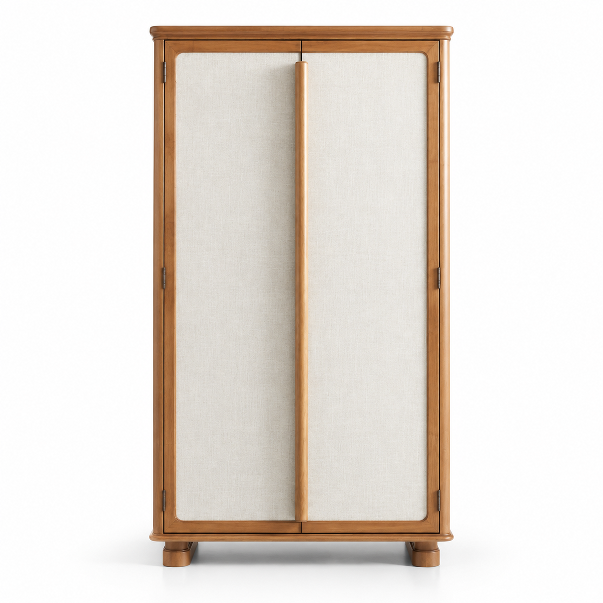 Solid Teak Wood Tall Storage Cabinet with 2 Fabric Panel Doors, Wooden Handles and Raised Legs for Bedroom, Living & Dining Room