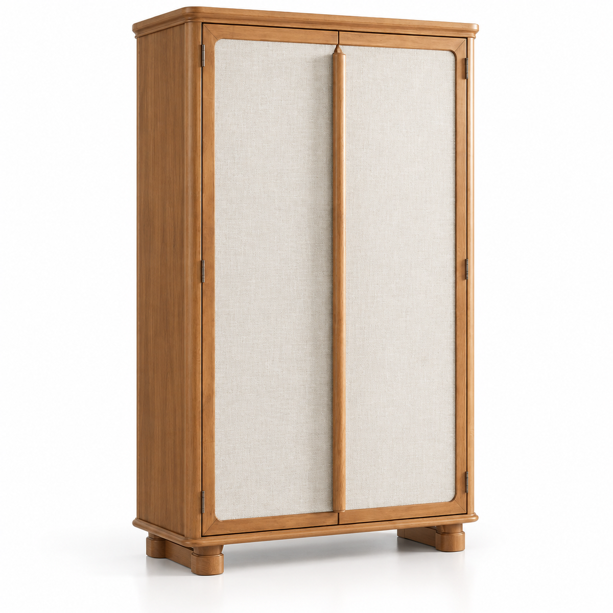 Solid Teak Wood Tall Storage Cabinet with 2 Fabric Panel Doors, Wooden Handles and Raised Legs for Bedroom, Living & Dining Room