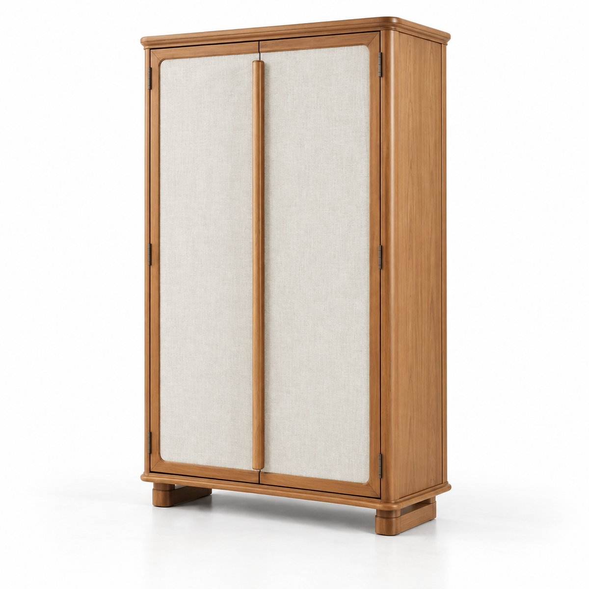 Solid Teak Wood Tall Storage Cabinet with 2 Fabric Panel Doors, Wooden Handles and Raised Legs for Bedroom, Living & Dining Room