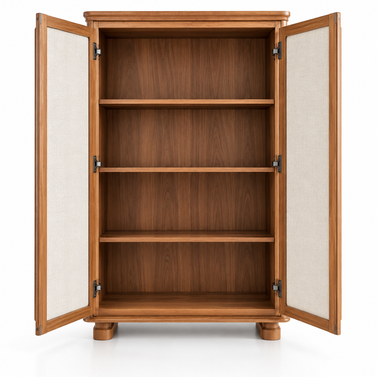 Solid Teak Wood Tall Storage Cabinet with 2 Fabric Panel Doors, Wooden Handles and Raised Legs for Bedroom, Living & Dining Room