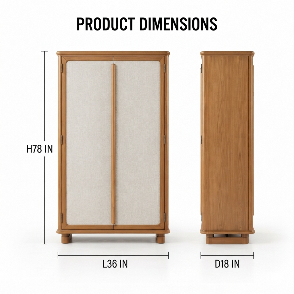 Solid Teak Wood Tall Storage Cabinet with 2 Fabric Panel Doors, Wooden Handles and Raised Legs for Bedroom, Living & Dining Room