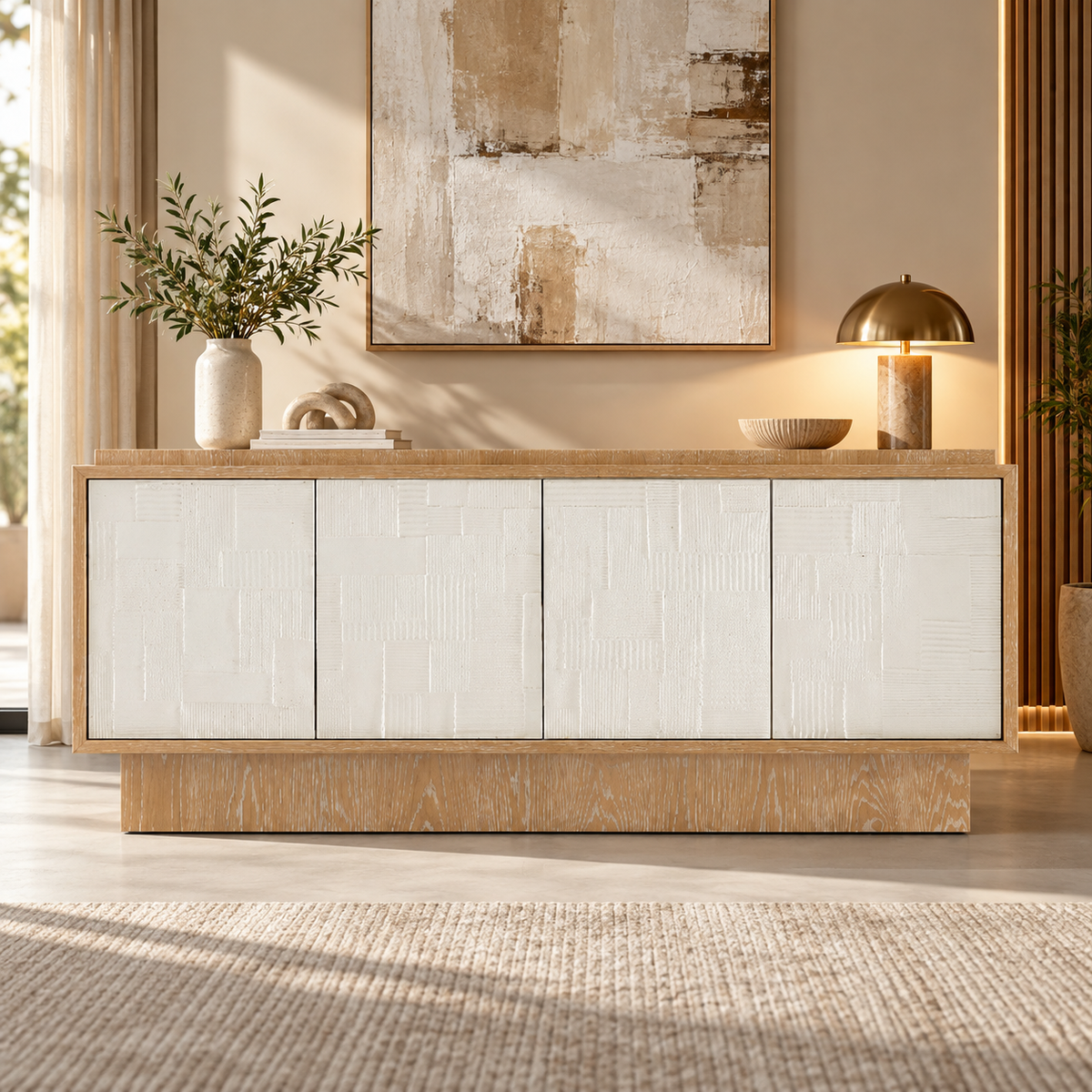 Solid Teak Wood Sideboard Cabinet with 4 Textured Doors, Concealed Storage and Raised Plinth Base for Living & Dining Room