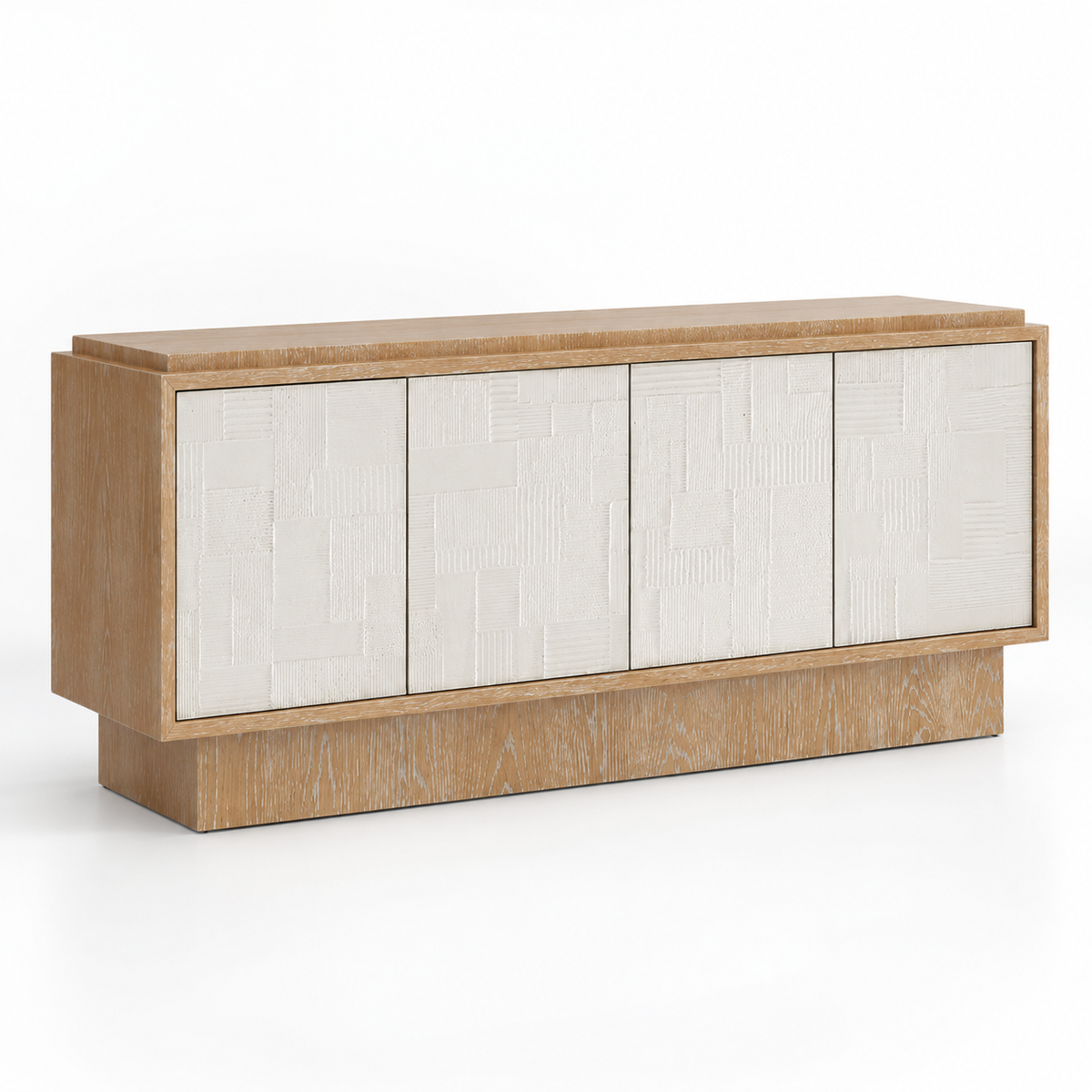 Solid Teak Wood Sideboard Cabinet with 4 Textured Doors, Concealed Storage and Raised Plinth Base for Living & Dining Room