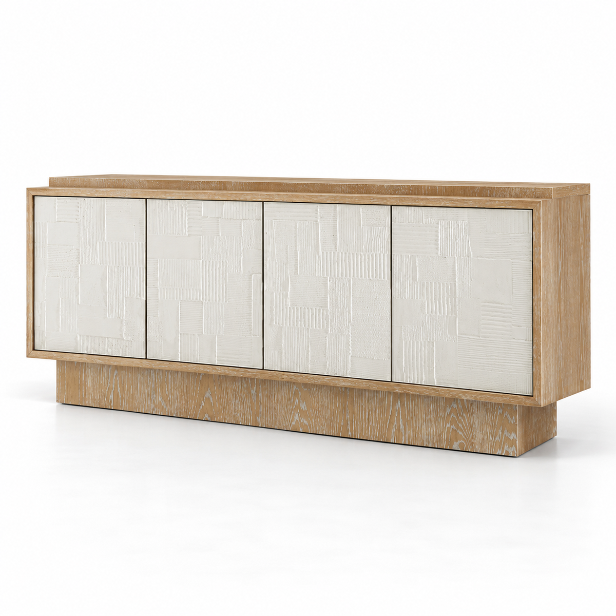 Solid Teak Wood Sideboard Cabinet with 4 Textured Doors, Concealed Storage and Raised Plinth Base for Living & Dining Room