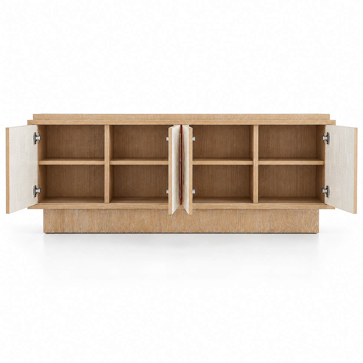 Solid Teak Wood Sideboard Cabinet with 4 Textured Doors, Concealed Storage and Raised Plinth Base for Living & Dining Room
