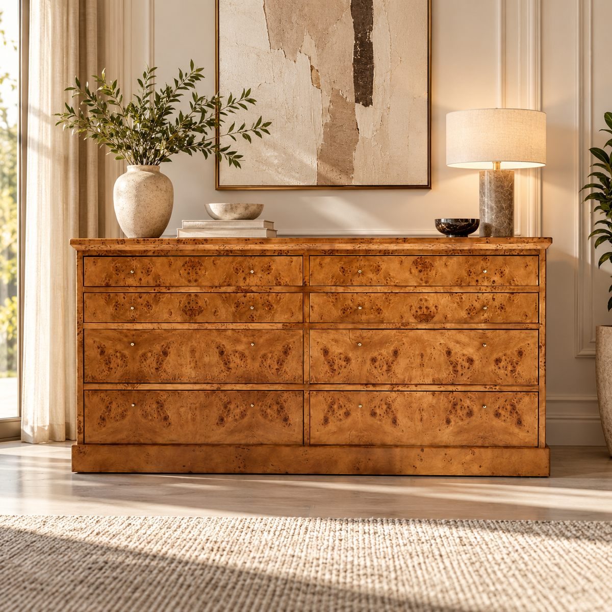 Solid Teak Wood 8 Drawer Chest with Natural Burl Grain, Wide Storage Top and Plinth Base for Bedroom, Living Room &amp; Home Storage