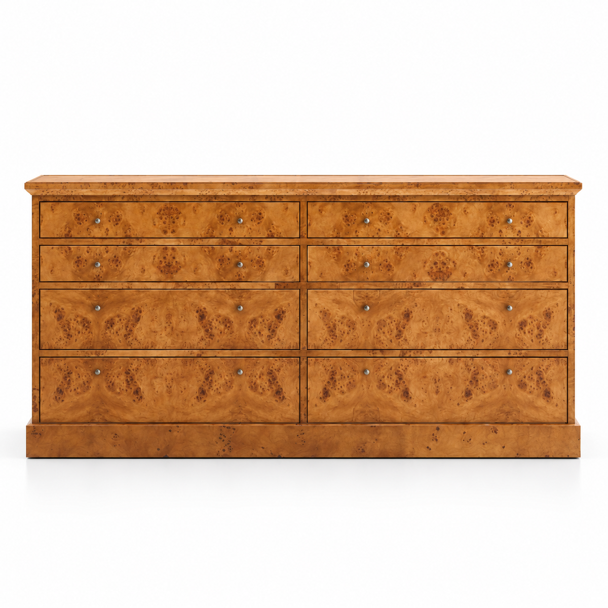 Solid Teak Wood 8 Drawer Chest with Natural Burl Grain, Wide Storage Top and Plinth Base for Bedroom, Living Room &amp; Home Storage