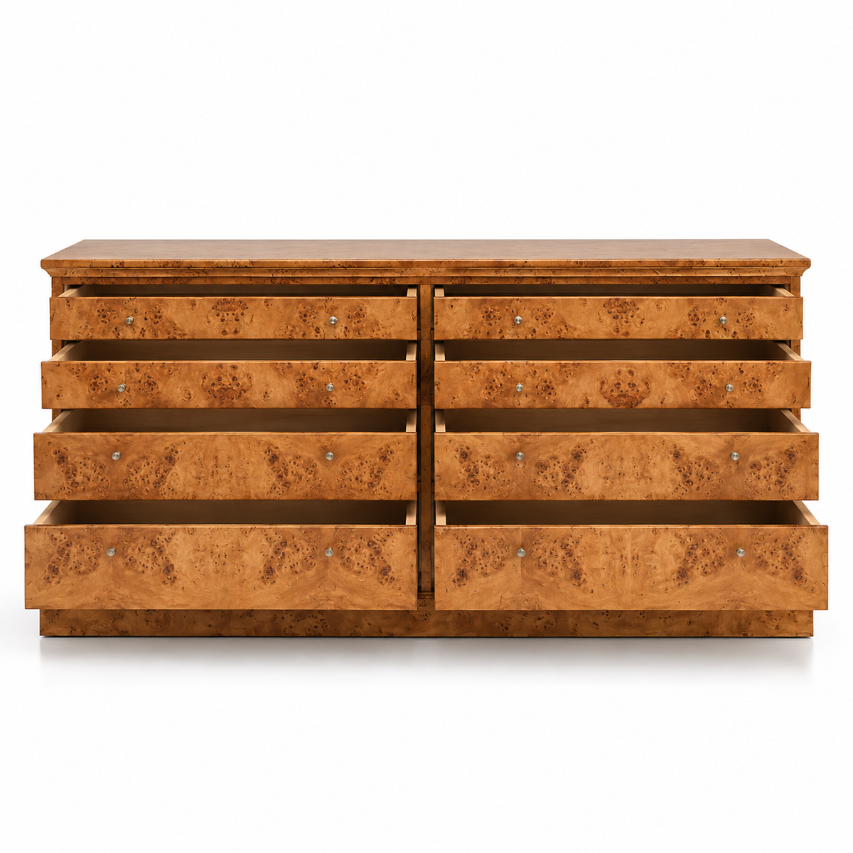 Solid Teak Wood 8 Drawer Chest with Natural Burl Grain, Wide Storage Top and Plinth Base for Bedroom, Living Room &amp; Home Storage