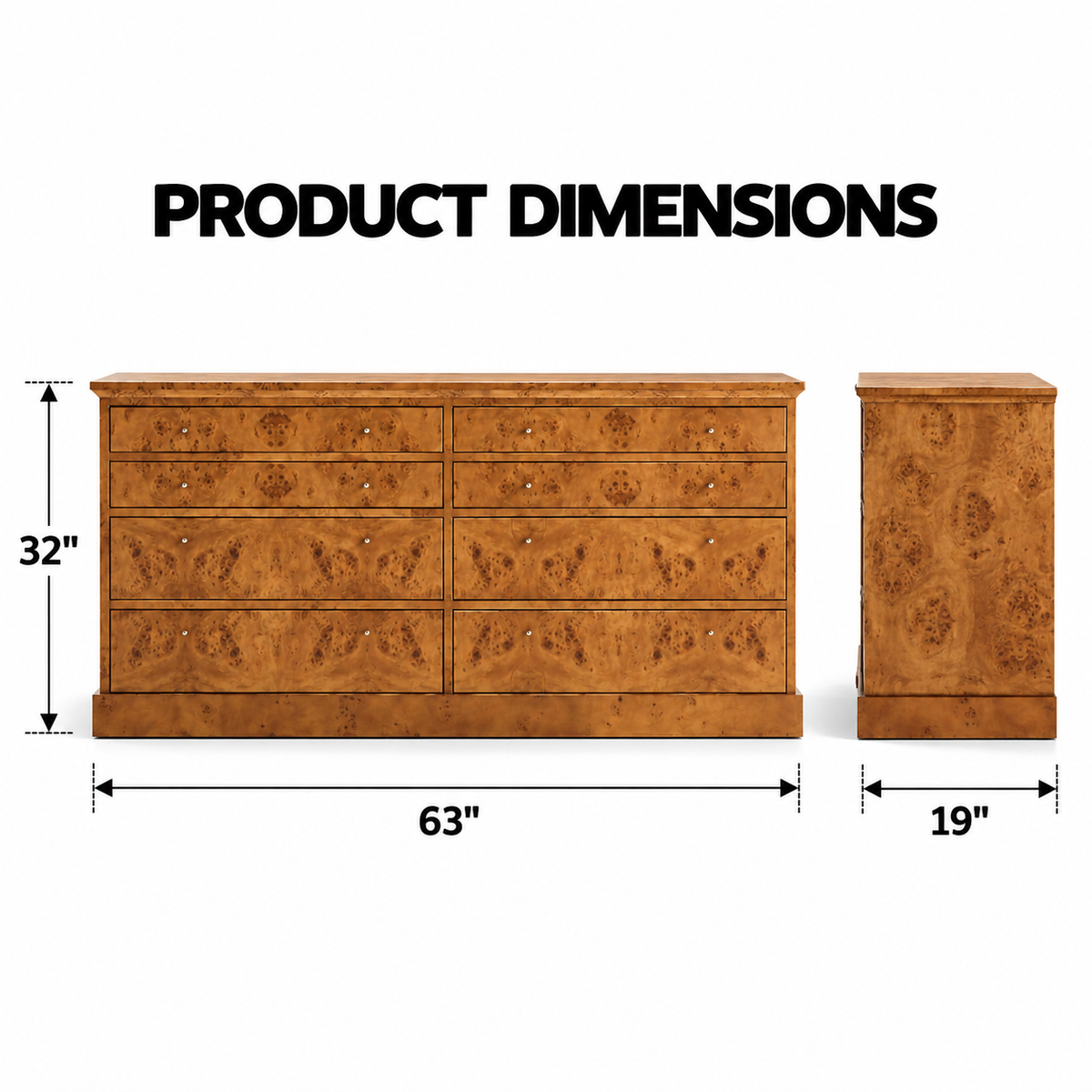 Solid Teak Wood 8 Drawer Chest with Natural Burl Grain, Wide Storage Top and Plinth Base for Bedroom, Living Room &amp; Home Storage