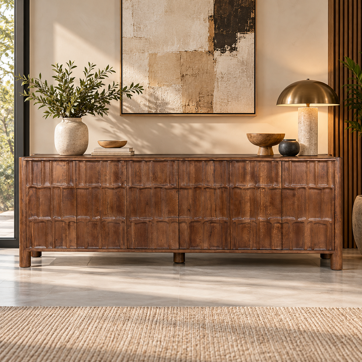 Solid Teak Wood Sideboard Cabinet with Carved 4 Door Front, Closed Storage, Raised Legs and Natural Wood Finish for Living &amp; Dining Room