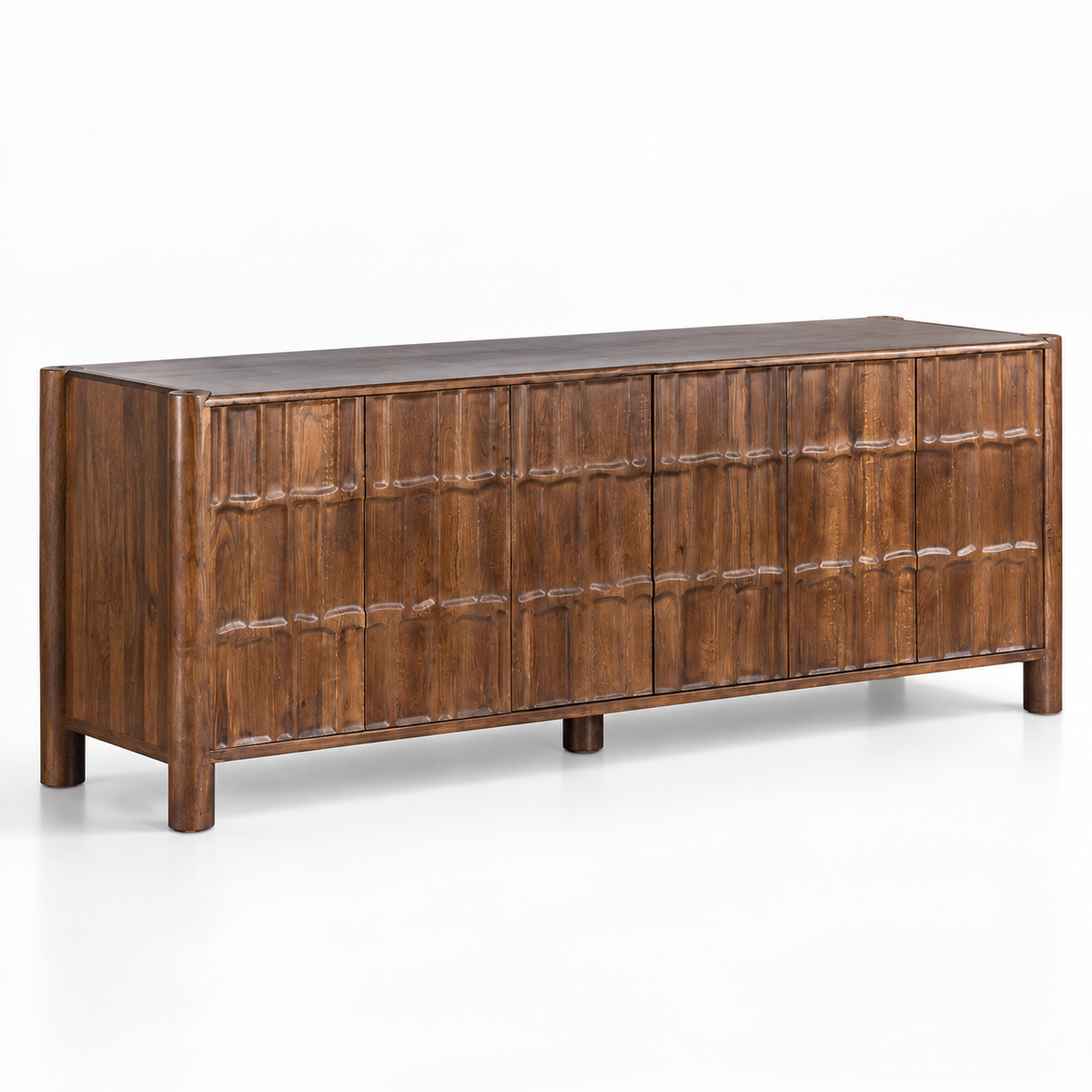 Solid Teak Wood Sideboard Cabinet with Carved 4 Door Front, Closed Storage, Raised Legs and Natural Wood Finish for Living &amp; Dining Room