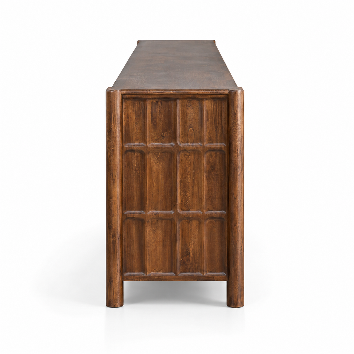 Solid Teak Wood Sideboard Cabinet with Carved 4 Door Front, Closed Storage, Raised Legs and Natural Wood Finish for Living &amp; Dining Room