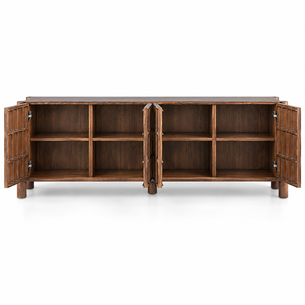 Solid Teak Wood Sideboard Cabinet with Carved 4 Door Front, Closed Storage, Raised Legs and Natural Wood Finish for Living &amp; Dining Room