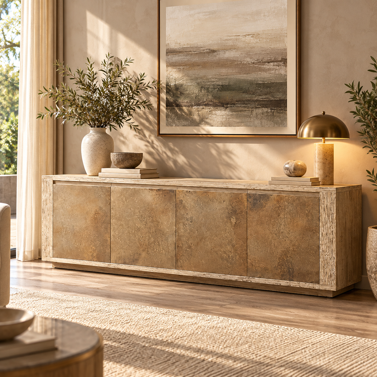 Solid Teak Wood 4 Door Sideboard Cabinet with Textured Fronts, Concealed Storage and Wide Display Top for Living & Dining Room