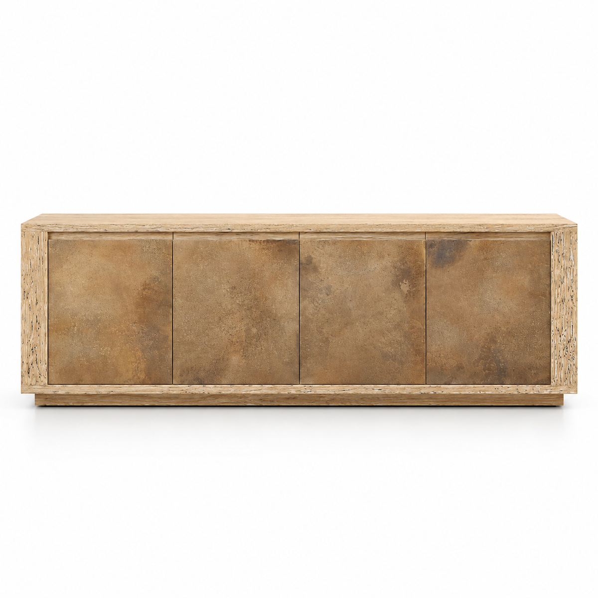 Solid Teak Wood 4 Door Sideboard Cabinet with Textured Fronts, Concealed Storage and Wide Display Top for Living & Dining Room