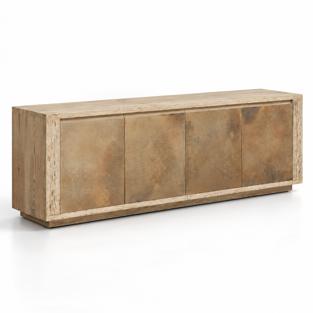 Solid Teak Wood 4 Door Sideboard Cabinet with Textured Fronts, Concealed Storage and Wide Display Top for Living & Dining Room