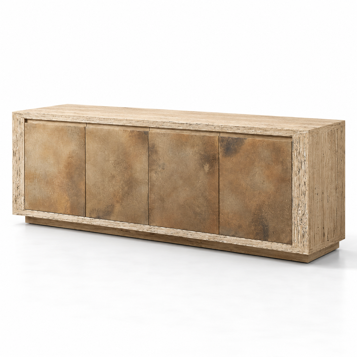 Solid Teak Wood 4 Door Sideboard Cabinet with Textured Fronts, Concealed Storage and Wide Display Top for Living & Dining Room