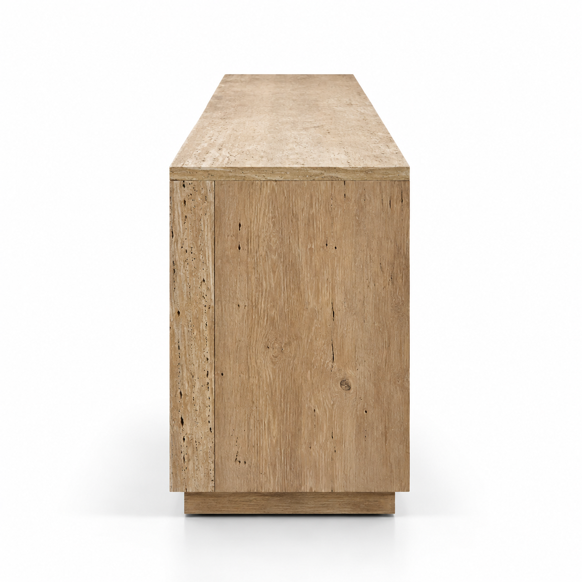 Solid Teak Wood 4 Door Sideboard Cabinet with Textured Fronts, Concealed Storage and Wide Display Top for Living & Dining Room