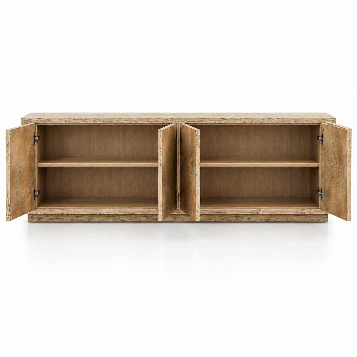 Solid Teak Wood 4 Door Sideboard Cabinet with Textured Fronts, Concealed Storage and Wide Display Top for Living & Dining Room