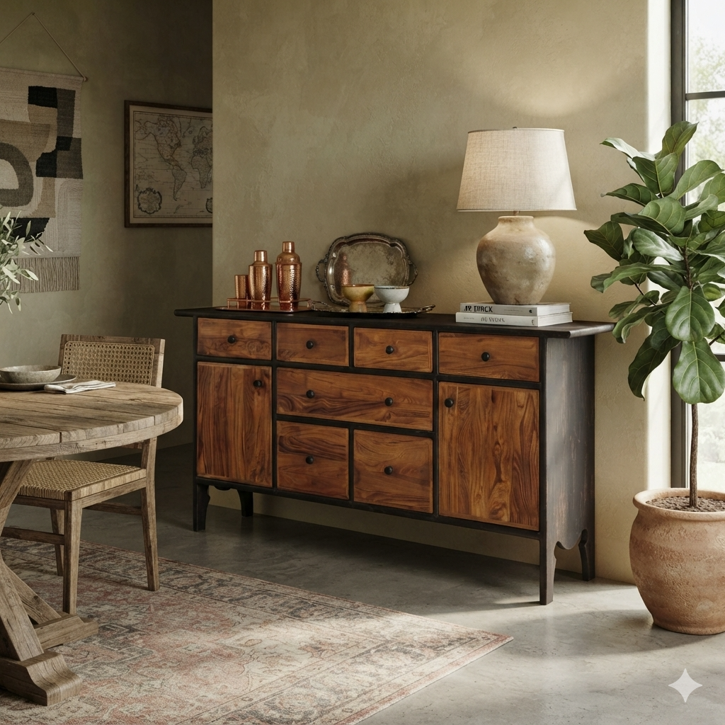 Sideboard Storage Cabinet with 7 Drawers, 2 Closed Doors, Wide Display Top and Dual-Tone Design for Living & Dining Room