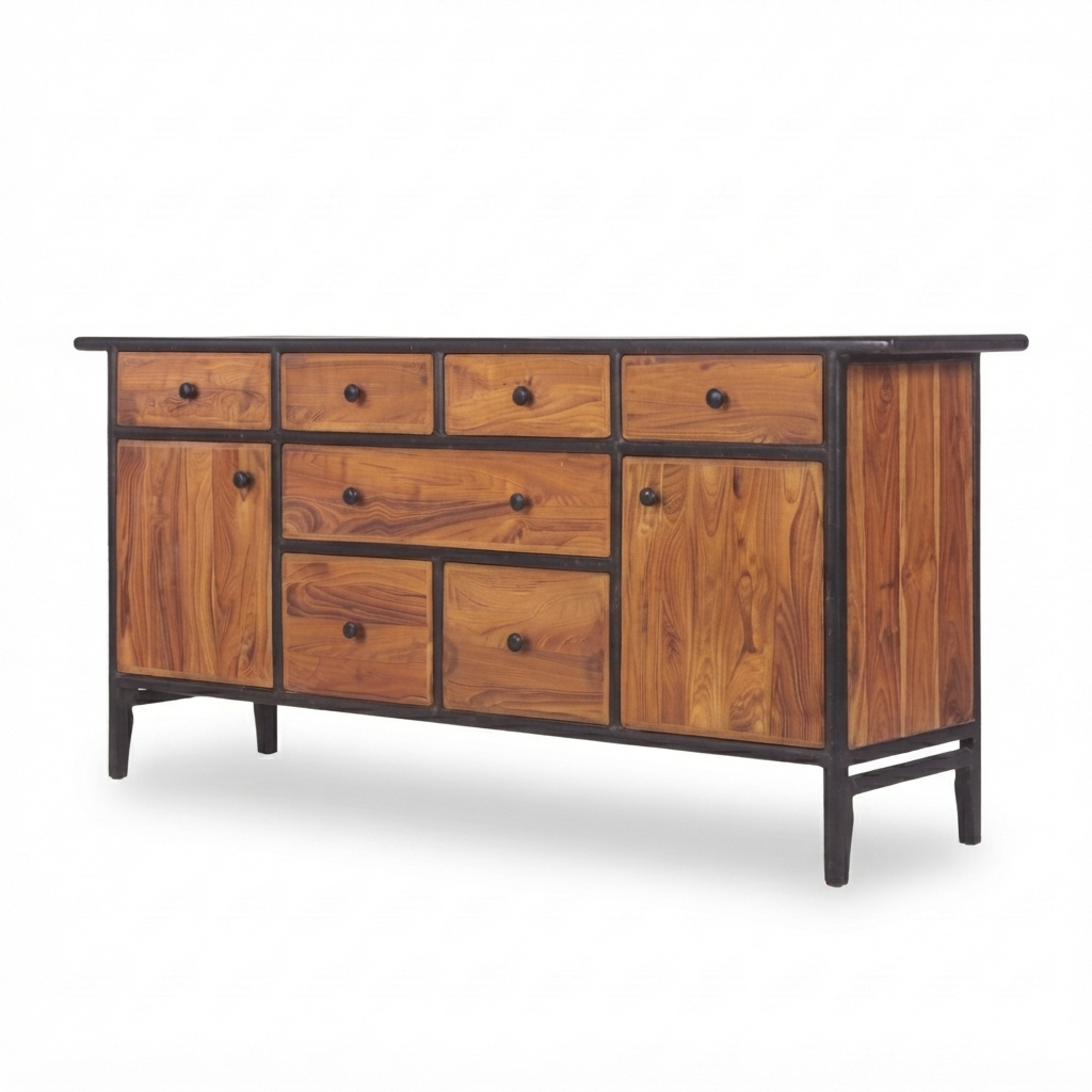 Sideboard Storage Cabinet with 7 Drawers, 2 Closed Doors, Wide Display Top and Dual-Tone Design for Living & Dining Room