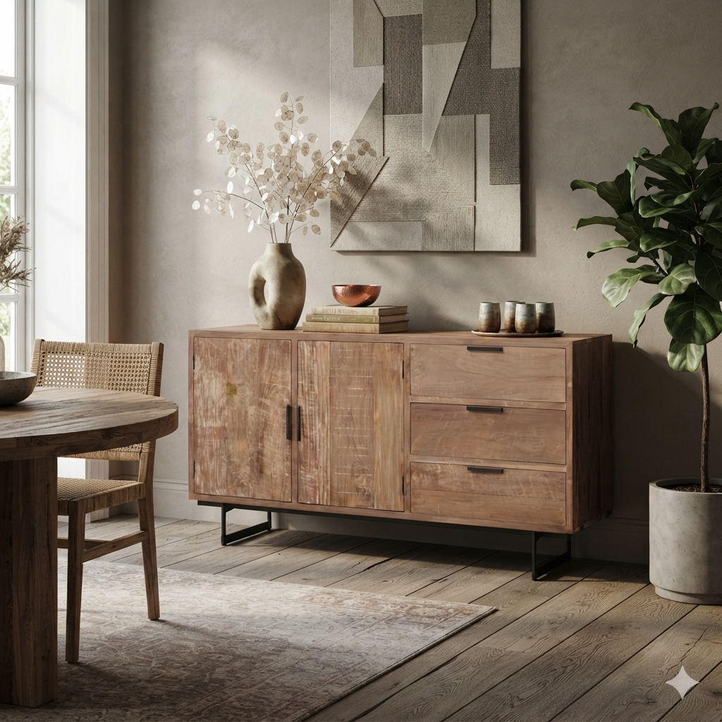 Sideboard Storage Cabinet with 3 Drawers, 3 Closed Doors, Black Metal Legs and Rustic Wood Finish for Living & Dining Room