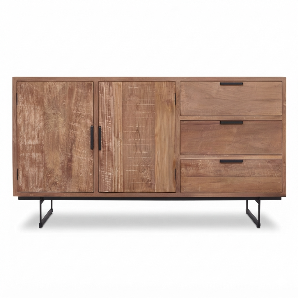Sideboard Storage Cabinet with 3 Drawers, 3 Closed Doors, Black Metal Legs and Rustic Wood Finish for Living & Dining Room