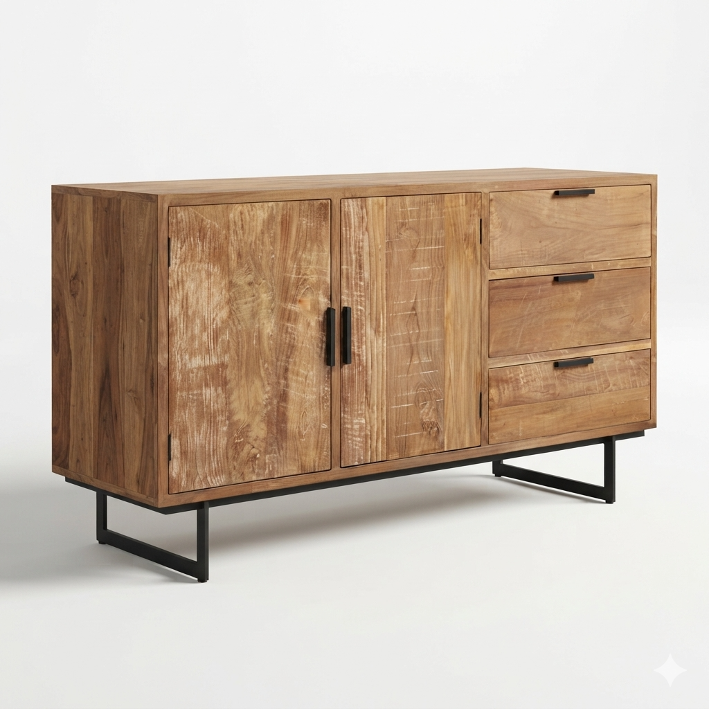 Sideboard Storage Cabinet with 3 Drawers, 3 Closed Doors, Black Metal Legs and Rustic Wood Finish for Living & Dining Room