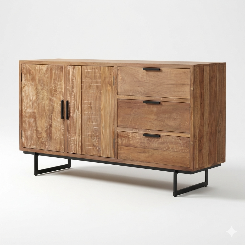 Sideboard Storage Cabinet with 3 Drawers, 3 Closed Doors, Black Metal Legs and Rustic Wood Finish for Living & Dining Room