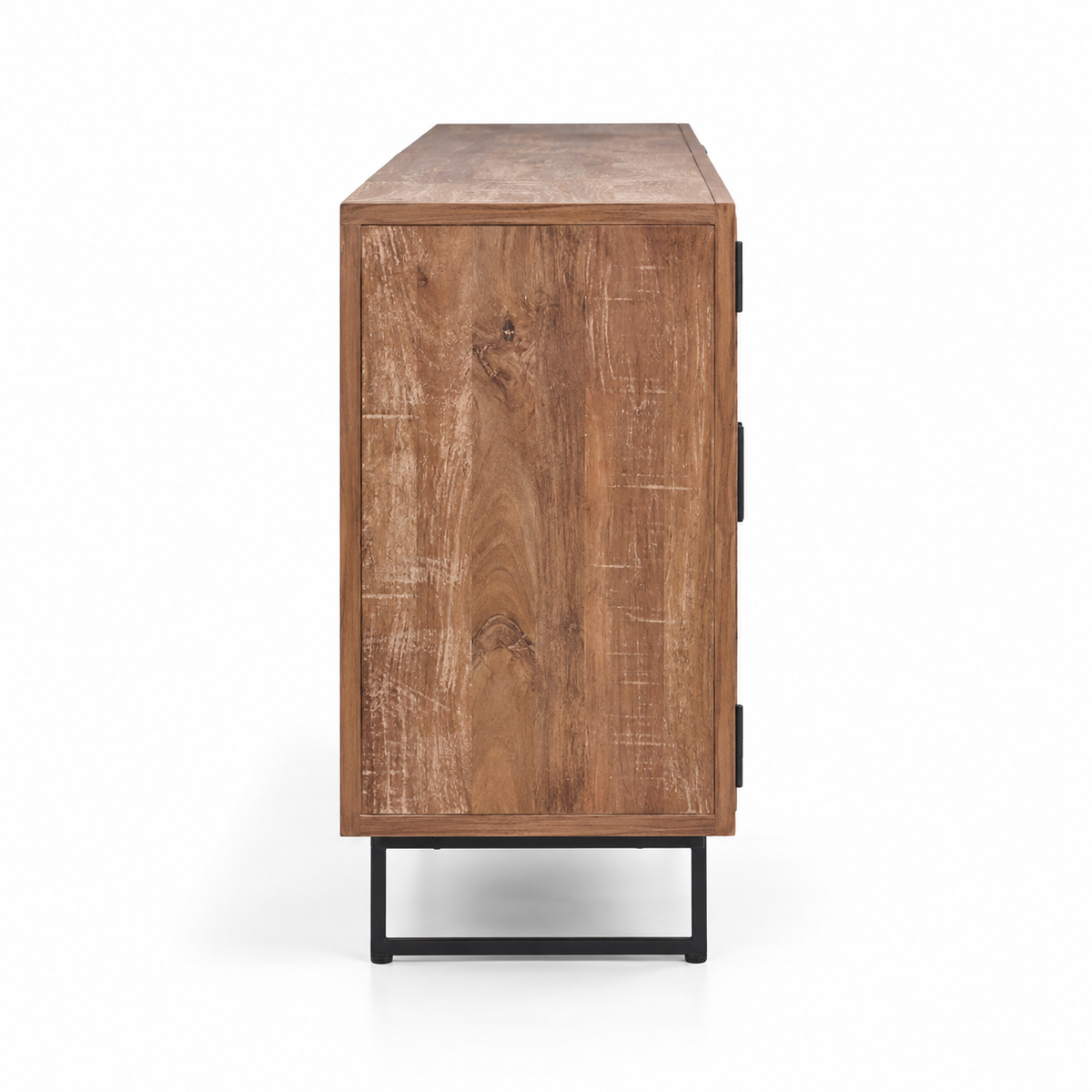 Sideboard Storage Cabinet with 3 Drawers, 3 Closed Doors, Black Metal Legs and Rustic Wood Finish for Living & Dining Room