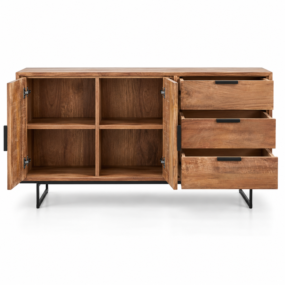 Sideboard Storage Cabinet with 3 Drawers, 3 Closed Doors, Black Metal Legs and Rustic Wood Finish for Living & Dining Room