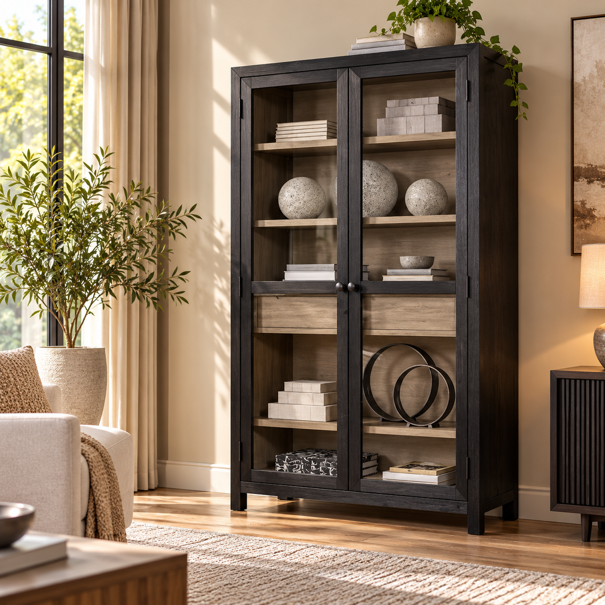Display Storage Cabinet with 2 Glass Doors, Multiple Shelves, Central Drawer and Tall Design for Living Room, Dining & Office
