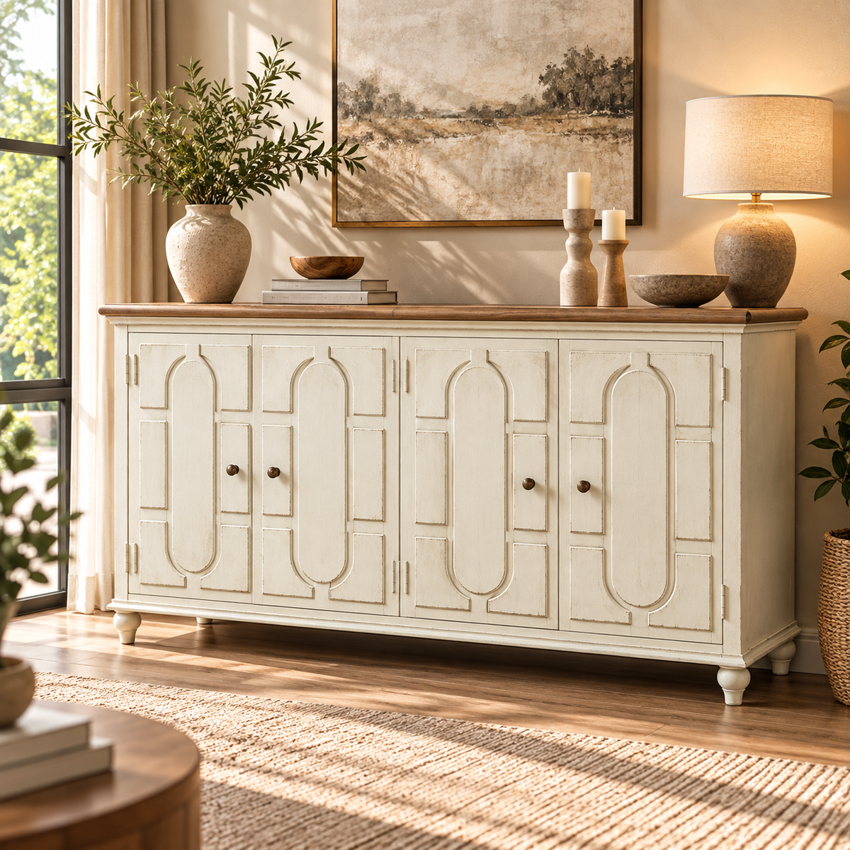 Sideboard Storage Cabinet with 4 Carved Doors, Wide Display Top, Raised Legs and Vintage Design for Living &amp; Dining Room