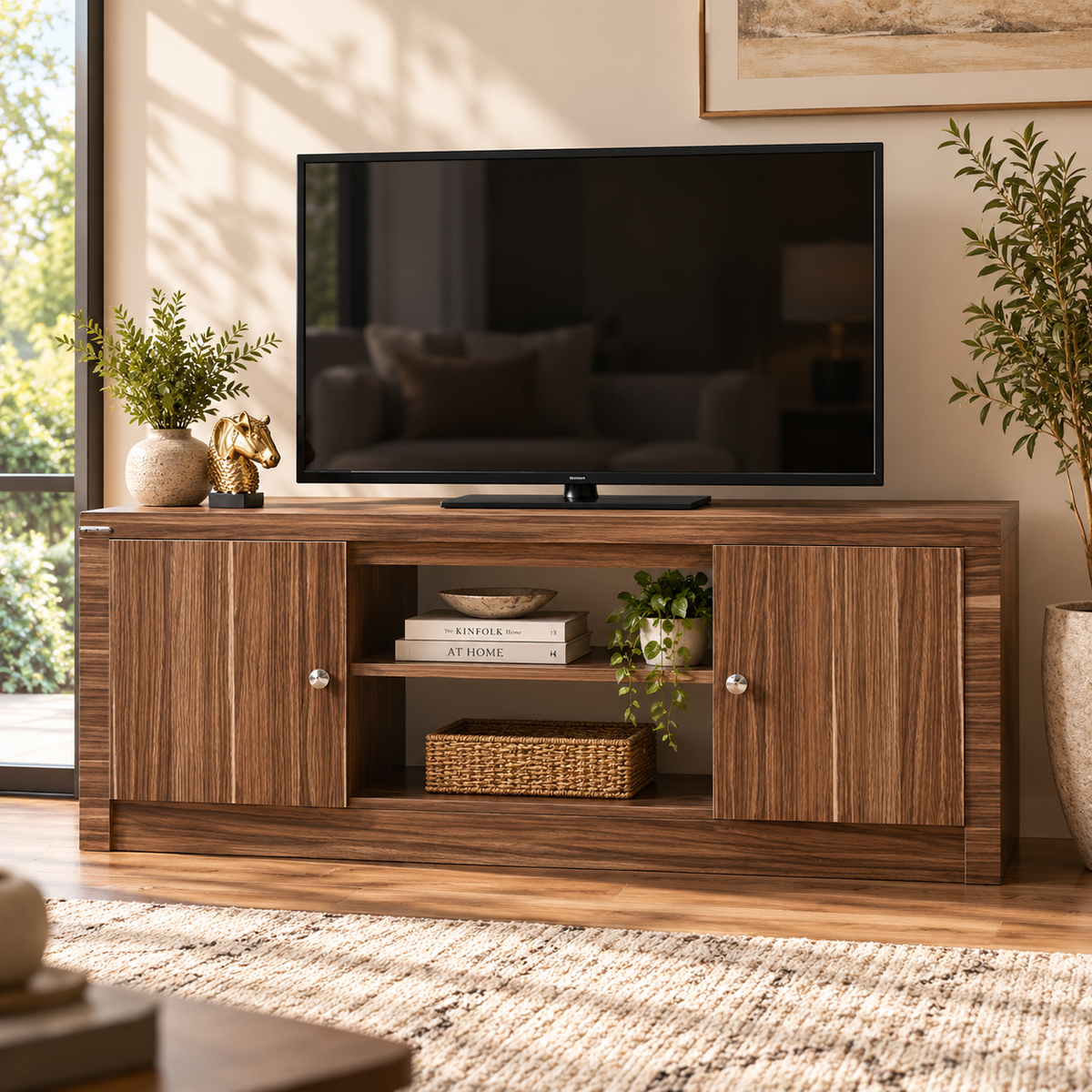 TV Entertainment Unit with 2 Closed Cabinets, Open Media Shelves and Wide Display Top for Living Room, Bedroom & Home Entertainment