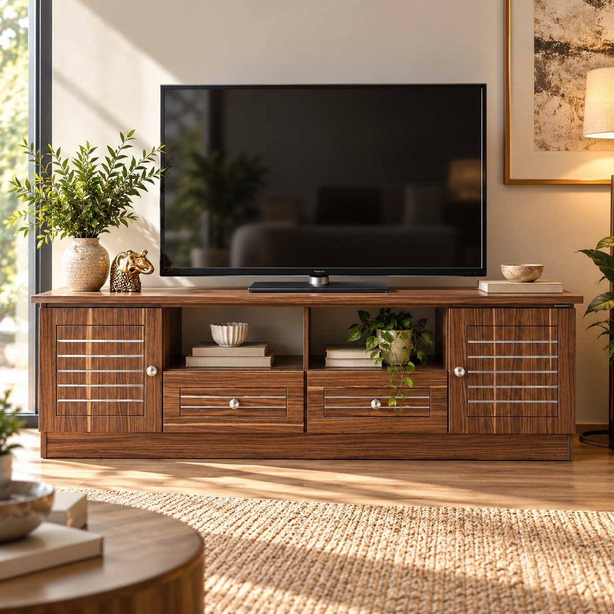 TV Entertainment Unit with 2 Cabinets, 4 Drawers, Open Media Shelves and Wide Display Top for Living Room, Bedroom & Home