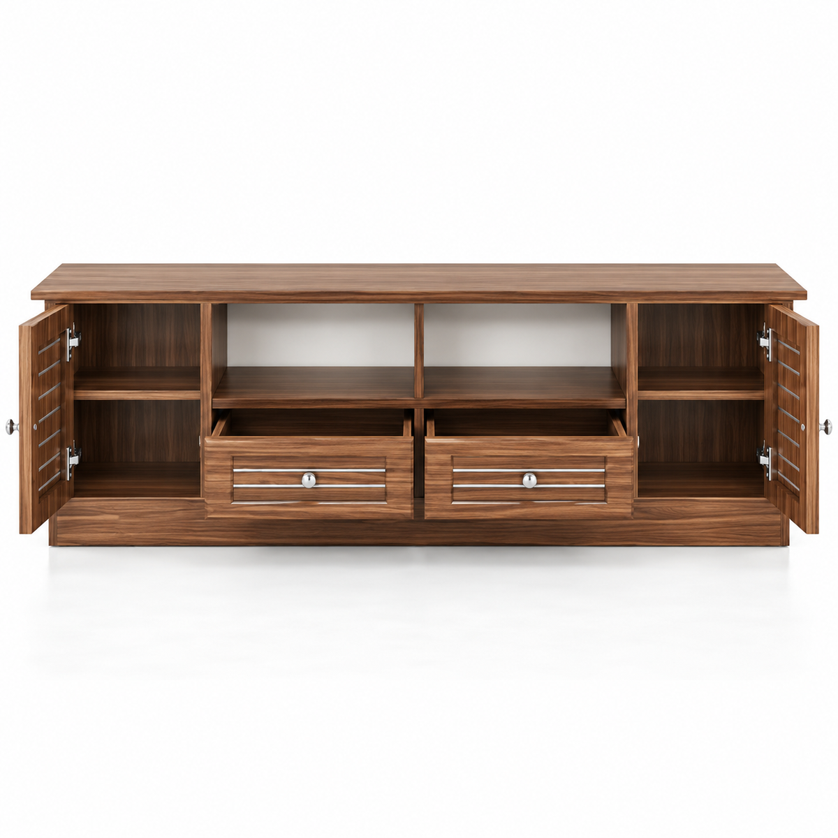 TV Entertainment Unit with 2 Cabinets, 4 Drawers, Open Media Shelves and Wide Display Top for Living Room, Bedroom & Home