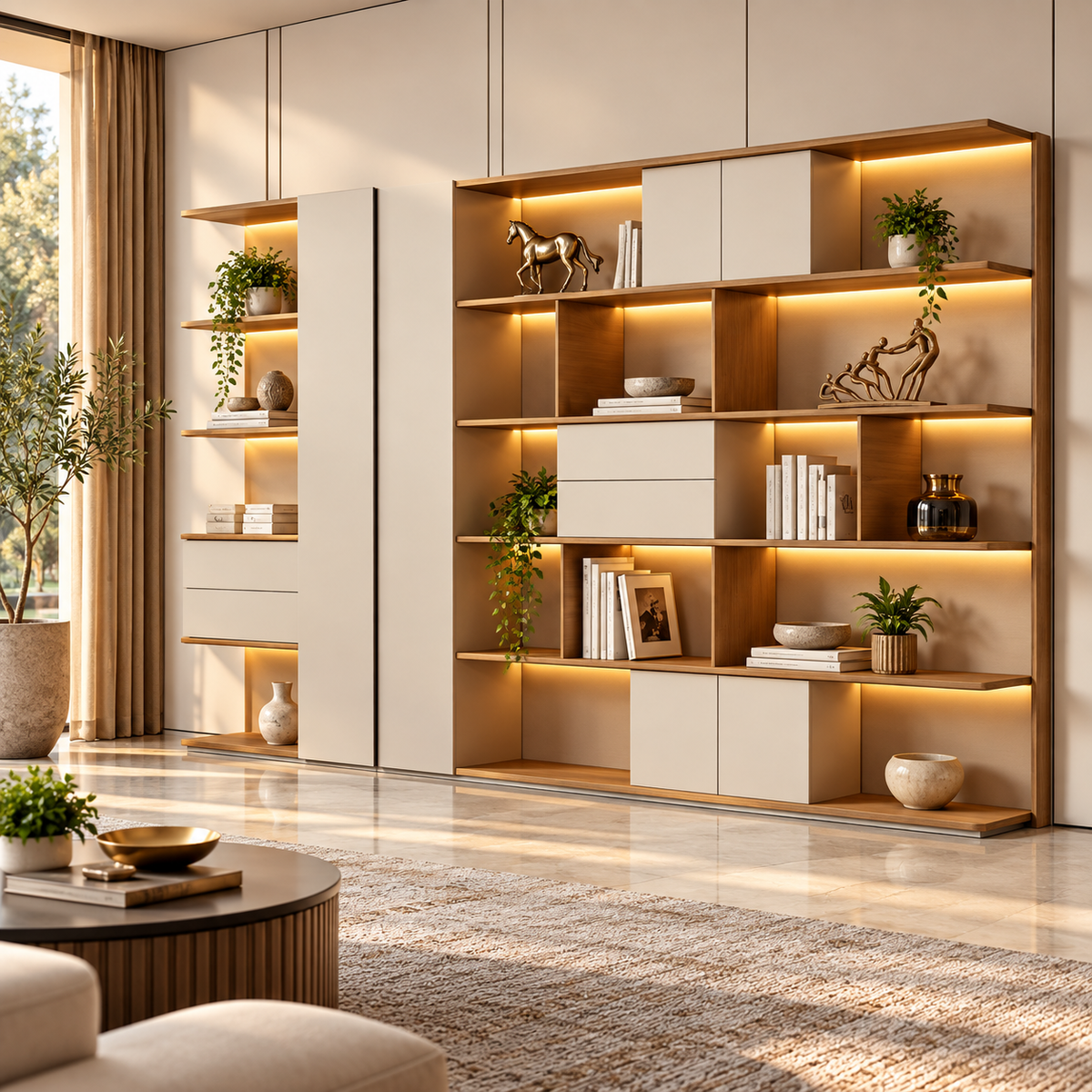 Modern Wall Storage & Display Cabinet with Open Shelves, Closed Compartments and Integrated Lighting for Office & Home