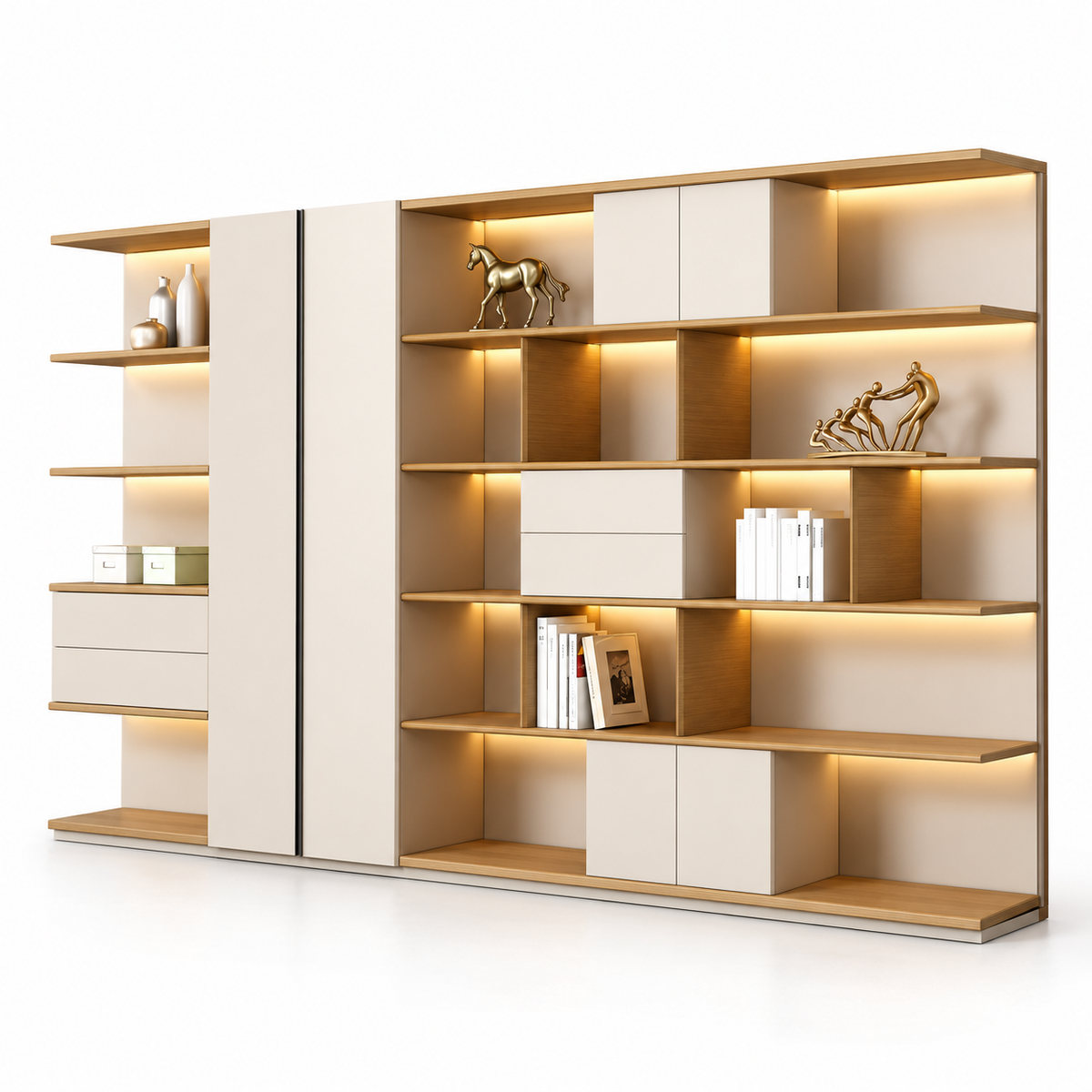 Modern Wall Storage & Display Cabinet with Open Shelves, Closed Compartments and Integrated Lighting for Office & Home