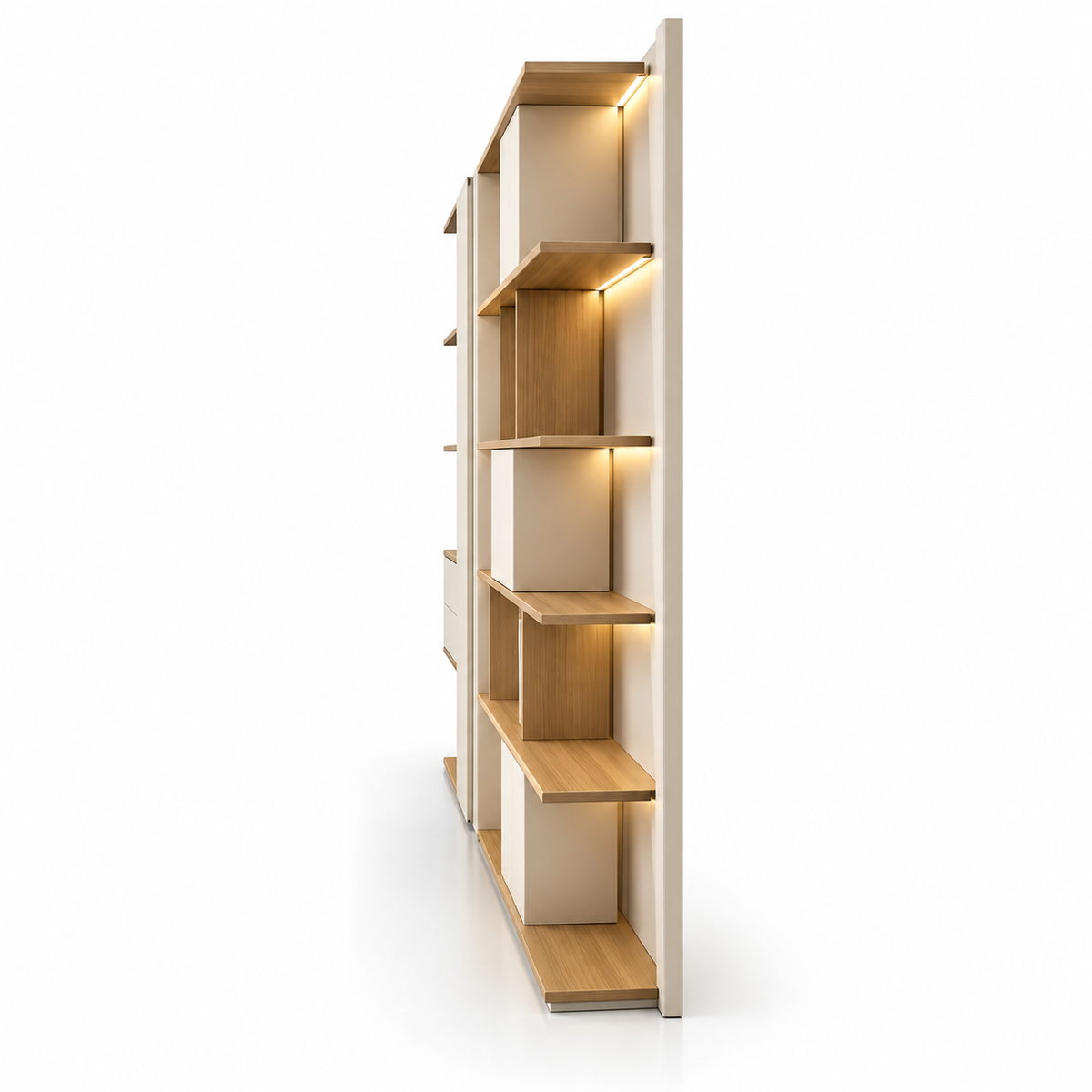 Modern Wall Storage & Display Cabinet with Open Shelves, Closed Compartments and Integrated Lighting for Office & Home
