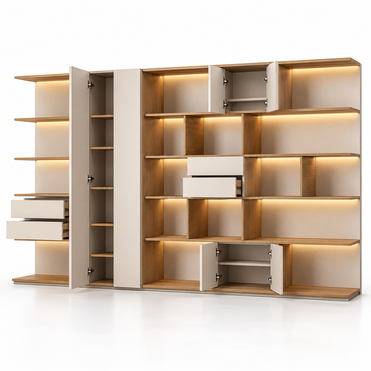 Modern Wall Storage & Display Cabinet with Open Shelves, Closed Compartments and Integrated Lighting for Office & Home