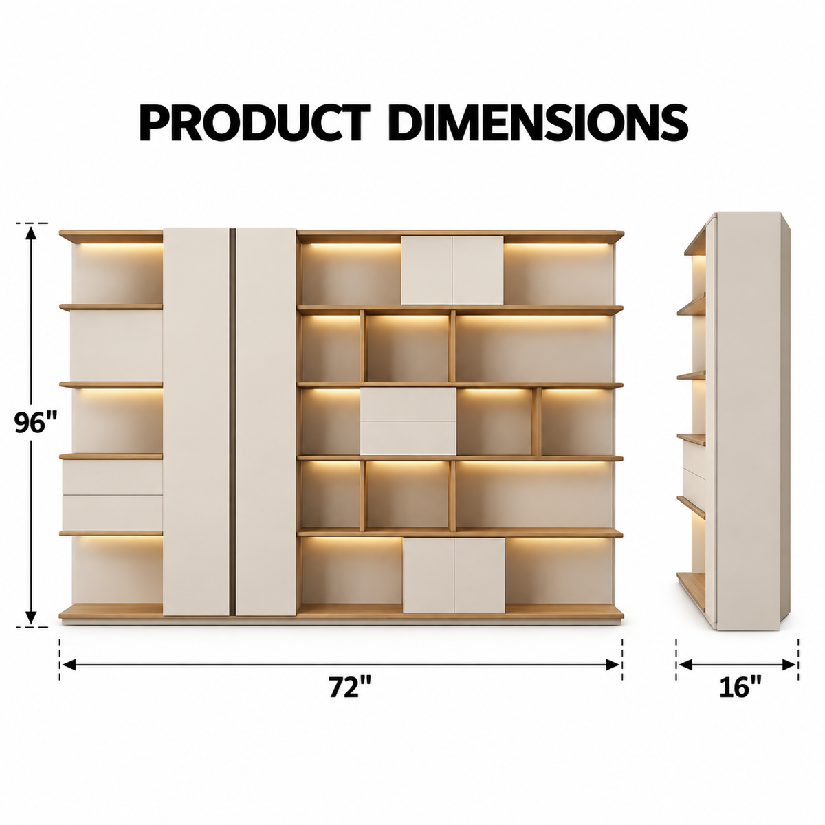 Modern Wall Storage & Display Cabinet with Open Shelves, Closed Compartments and Integrated Lighting for Office & Home
