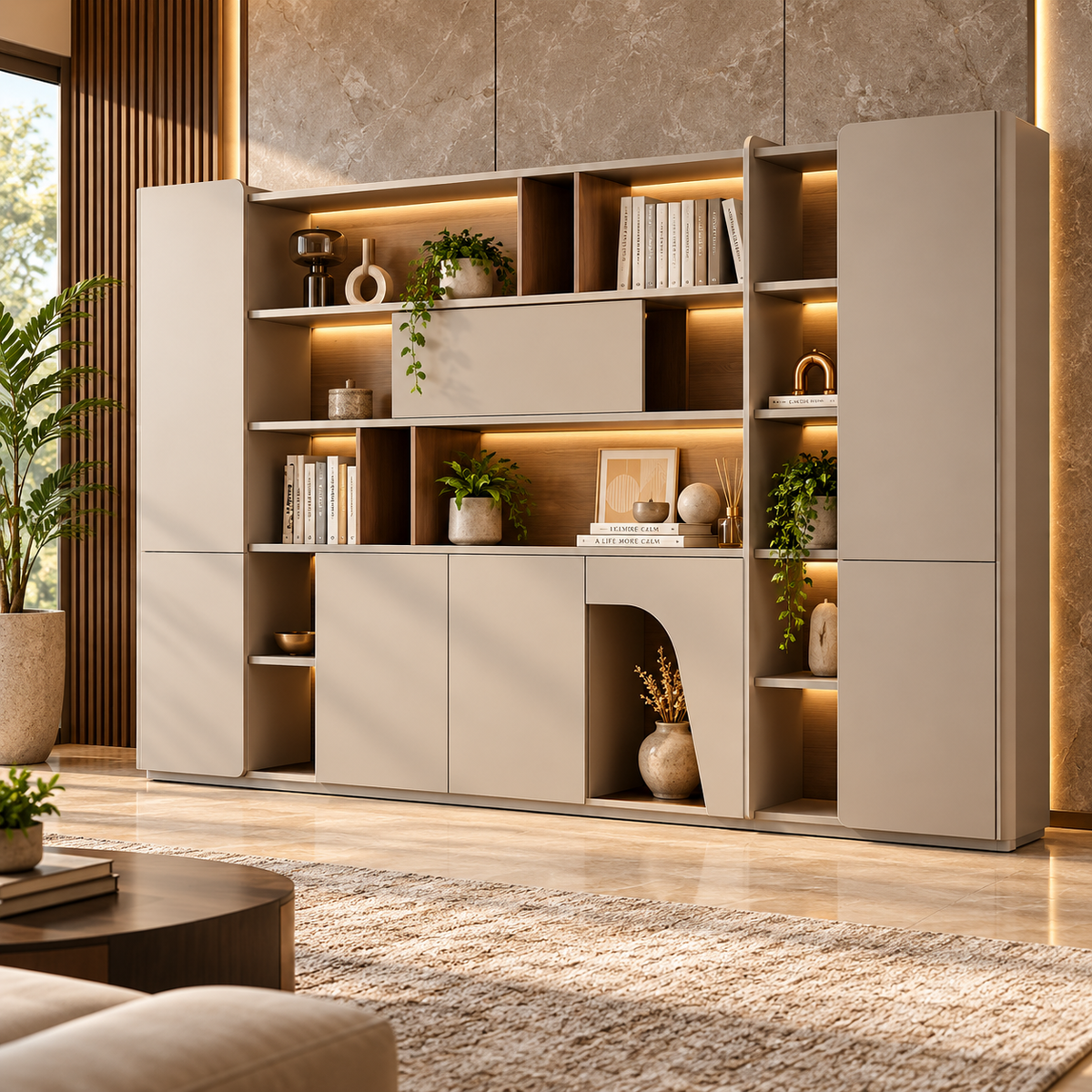 Modern Full Height Storage & Display Cabinet with Open Shelves, Closed Compartments and Integrated Work Nook for Office & Home