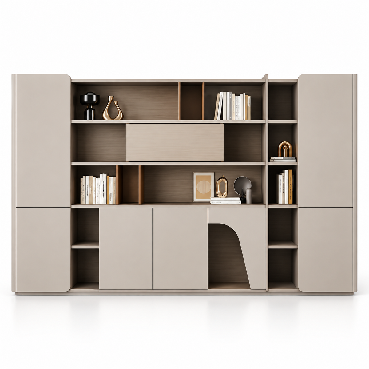 Modern Full Height Storage & Display Cabinet with Open Shelves, Closed Compartments and Integrated Work Nook for Office & Home