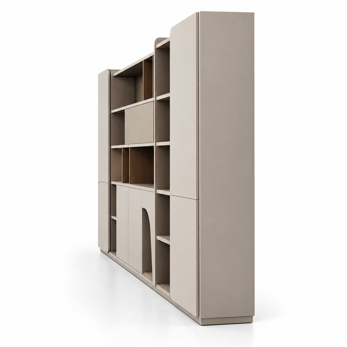 Modern Full Height Storage & Display Cabinet with Open Shelves, Closed Compartments and Integrated Work Nook for Office & Home