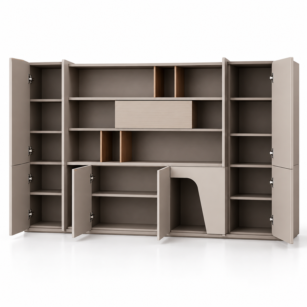 Modern Full Height Storage & Display Cabinet with Open Shelves, Closed Compartments and Integrated Work Nook for Office & Home